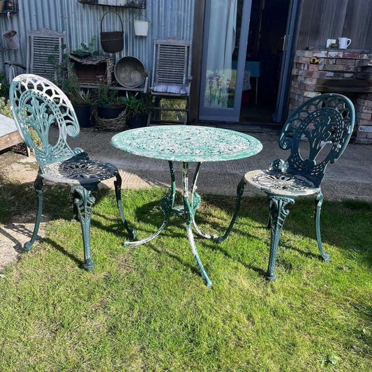 Painted Garden Table &amp; 2 Chairs Great Patina Peeling Paint Solid