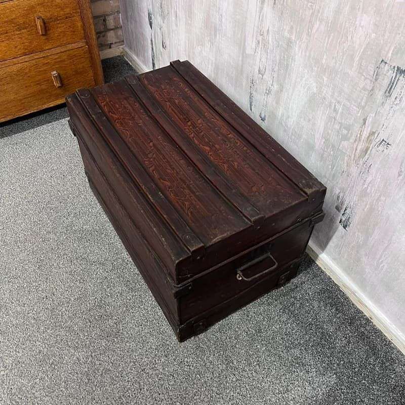 Vintage Metal Large Tin Trunk Side Handles Wood Grain Effect