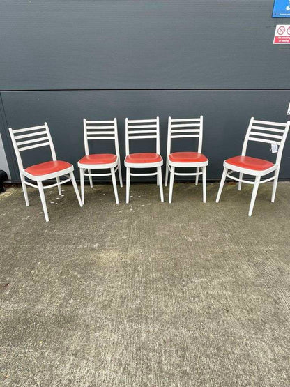5x Vintage Retro 20thC Mid-Century Wooden White Chairs Red Seats Kitchen Dining