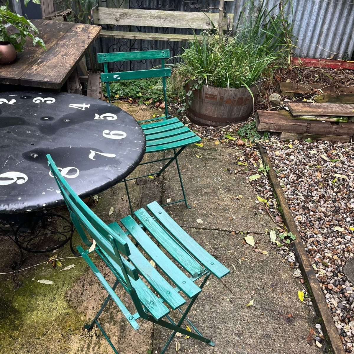 Vintage Pair Green Folding Garden Chairs Slatted Seat And Back