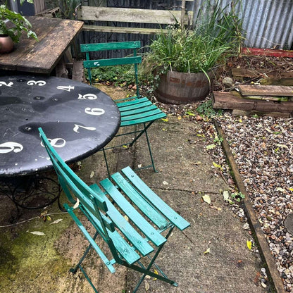 Vintage Pair Green Folding Garden Chairs Slatted Seat And Back