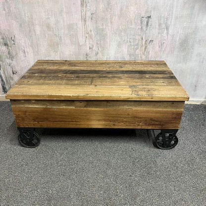 Wooden Plank Topped Trolley Coffee Table Black Metal Wheels Vintage Look
