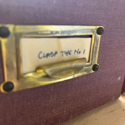 Vintage Run Of 6 Red Filing Drawers Brass Pull Handles Label Holders Patina