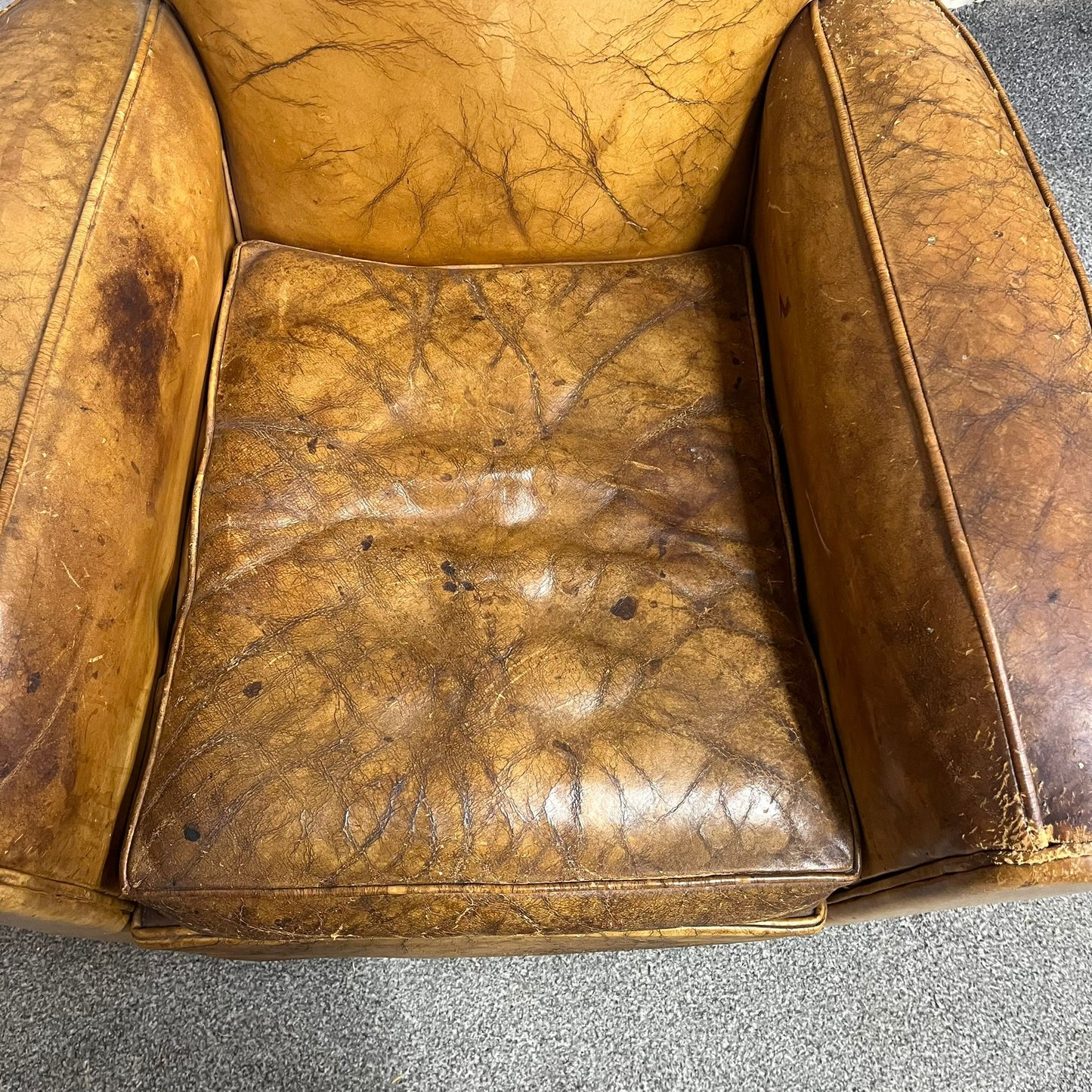 Vintage Rustic Tan Leather Low Armchair Great Patina Studded Back