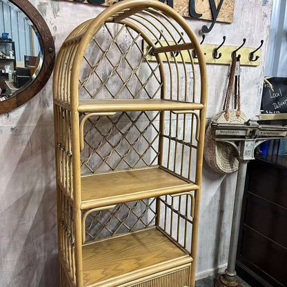 Vintage Bamboo Arched Shelving Unit Drawer Double Cupboard Lattice Back