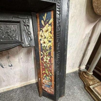 Vintage Cast Iron Tiled Fire Surround Floral Pattern Ornate Design Heavy