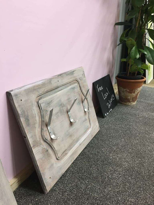 3 x Modern Coat Hooks on Vintage Pine Cupboard Door Dry Brush Paint Coat Rack