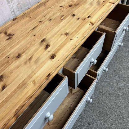 Modern Painted Long Pine Sideboard 5 Drawers Pale Grey Sanded Top Knob Handles