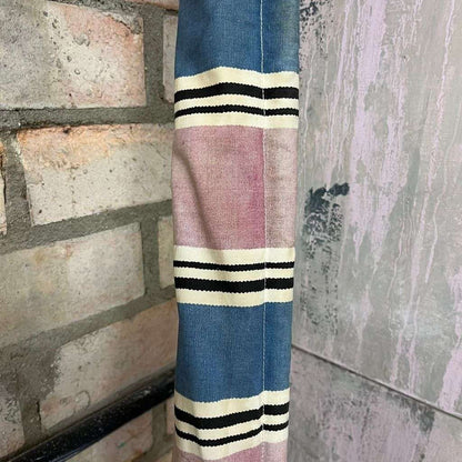 Vintage Retro Homemade Sun Screen Wood &amp; Bamboo Pole Faded Striped Fabric