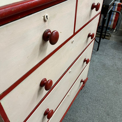 Large Victorian Chest 2 Over 3 Drawers Painted Salmon & Red Ornate Ball Feet