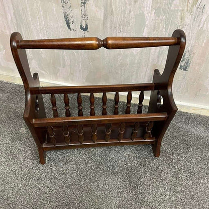 Vintage Dark Wood Magazine Rack Handle Clover Motif