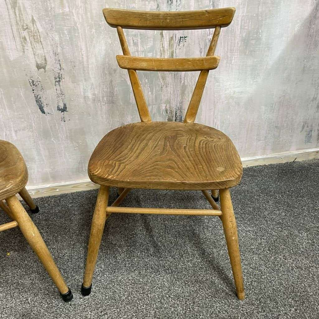 Pair Ercol Mid Century Red Dot Ash &amp; Elm Children’s Chairs Stacking