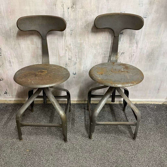 Pair Vintage Industrial Metal Chairs Adjustable Seat Height Office Great Patina