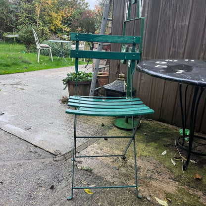 Vintage Pair Green Folding Garden Chairs Slatted Seat And Back