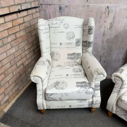 Pair Modern Upholstered Wingback Armchairs Scrolled Arms Postcard Fabric Design