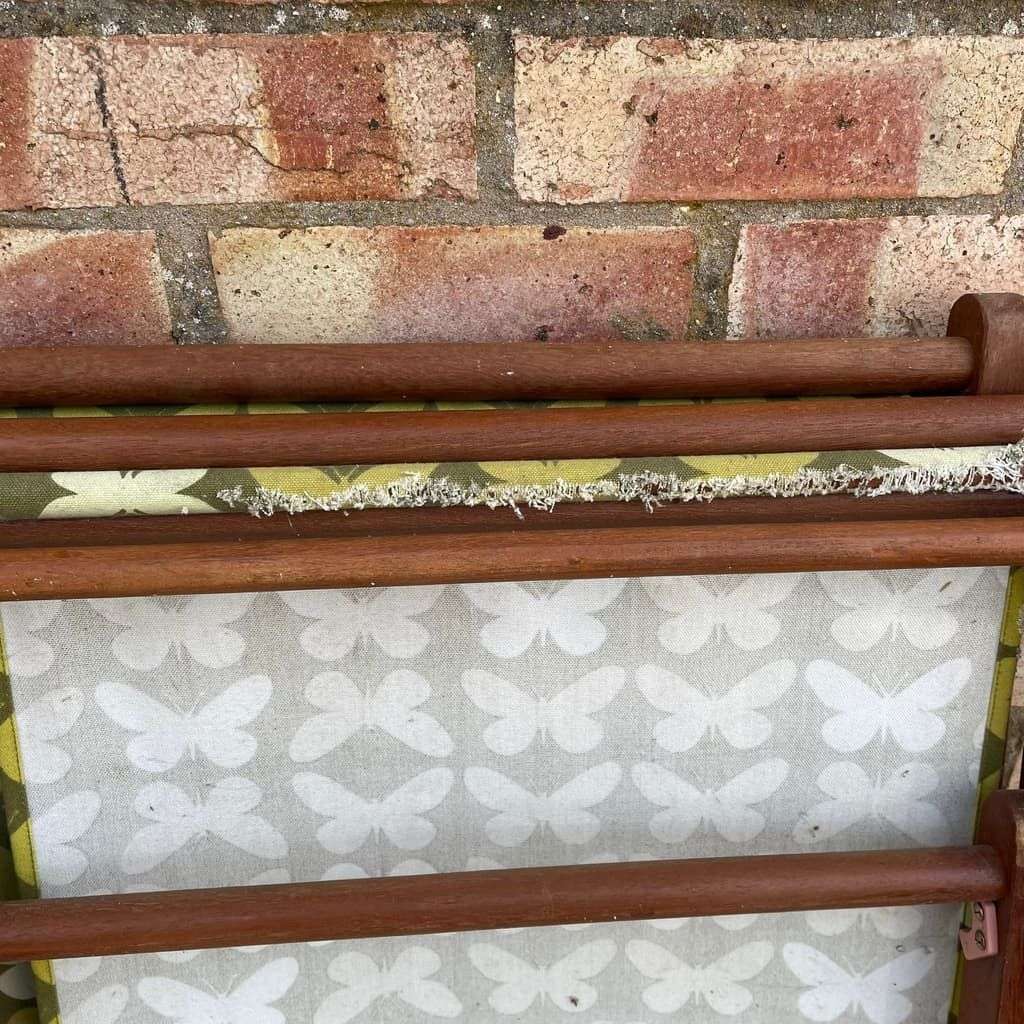 3x Retro Wooden Deckchairs Green Floral Fabric Sturdy Pool Chairs