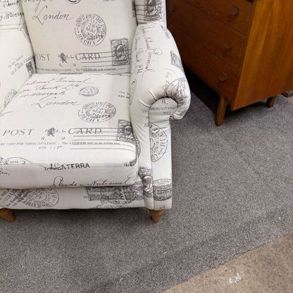 Pair Modern Upholstered Wingback Armchairs Scrolled Arms Postcard Fabric Design