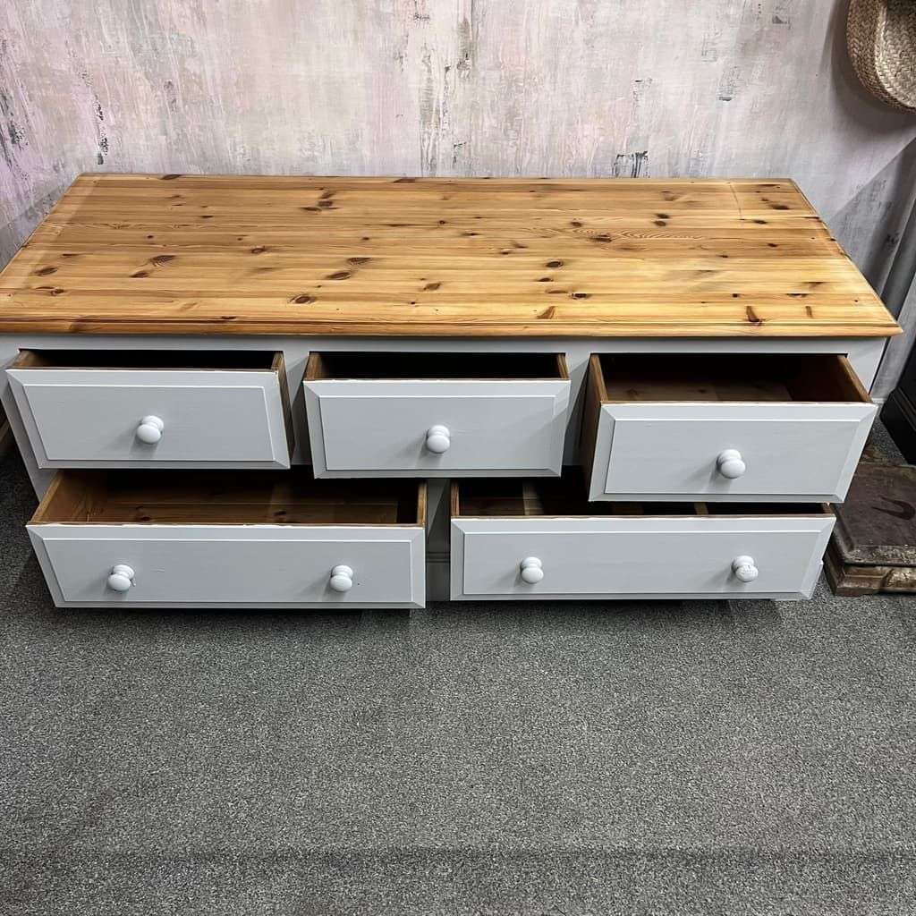 Modern Painted Long Pine Sideboard 5 Drawers Pale Grey Sanded Top Knob Handles