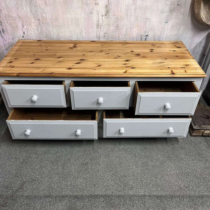 Modern Painted Long Pine Sideboard 5 Drawers Pale Grey Sanded Top Knob Handles