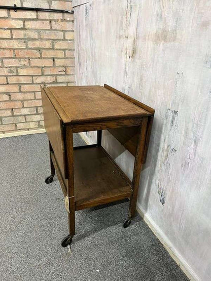 Vintage Oak Tea Trolley Shelf Under On Castors 2 Leafs