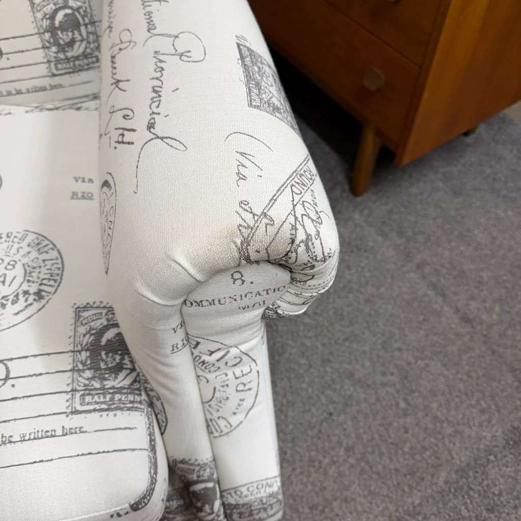 Pair Modern Upholstered Wingback Armchairs Scrolled Arms Postcard Fabric Design