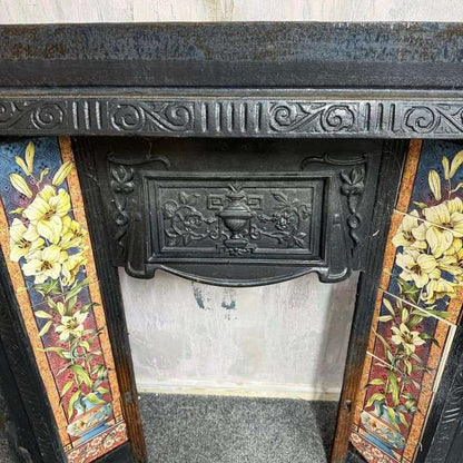 Vintage Cast Iron Tiled Fire Surround Floral Pattern Ornate Design Heavy
