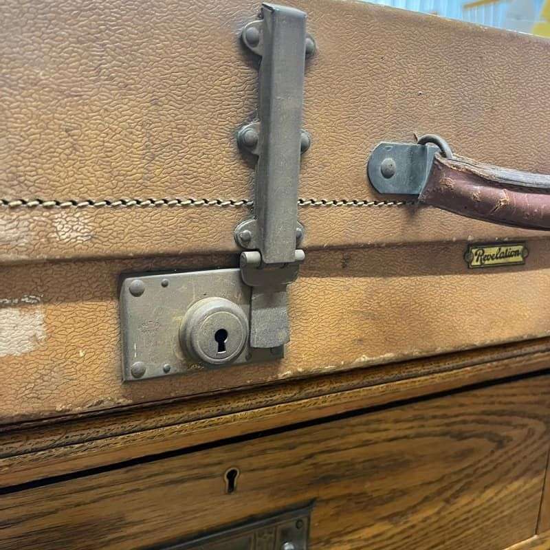 Vintage Revelation Brown Suitcase Leather Corners &amp; Handle Metal Clasps