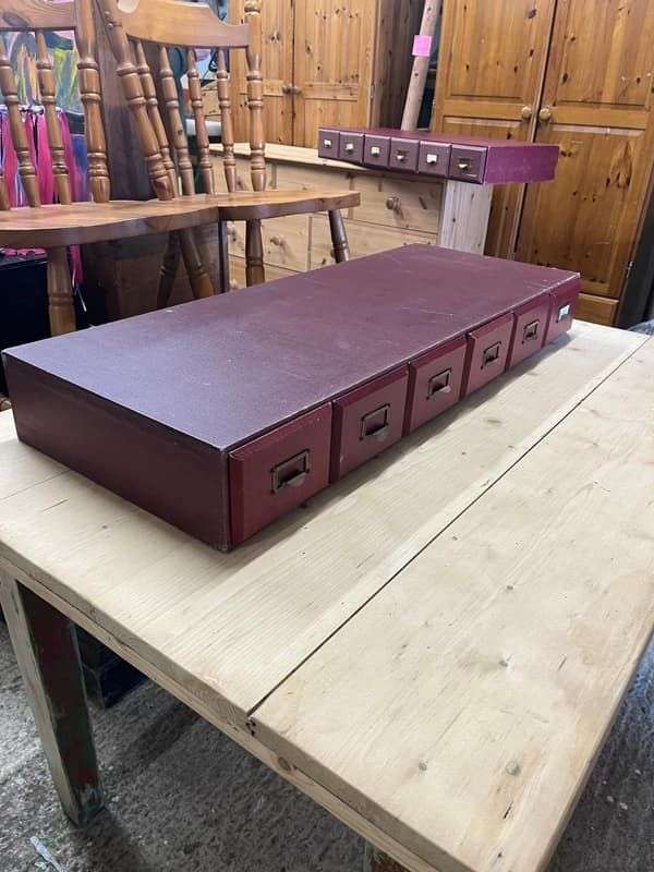 Vintage 6 Red Faux Leather Covered Filing Drawers Brass Handles Label Holders