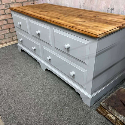 Modern Painted Long Pine Sideboard 5 Drawers Pale Grey Sanded Top Knob Handles