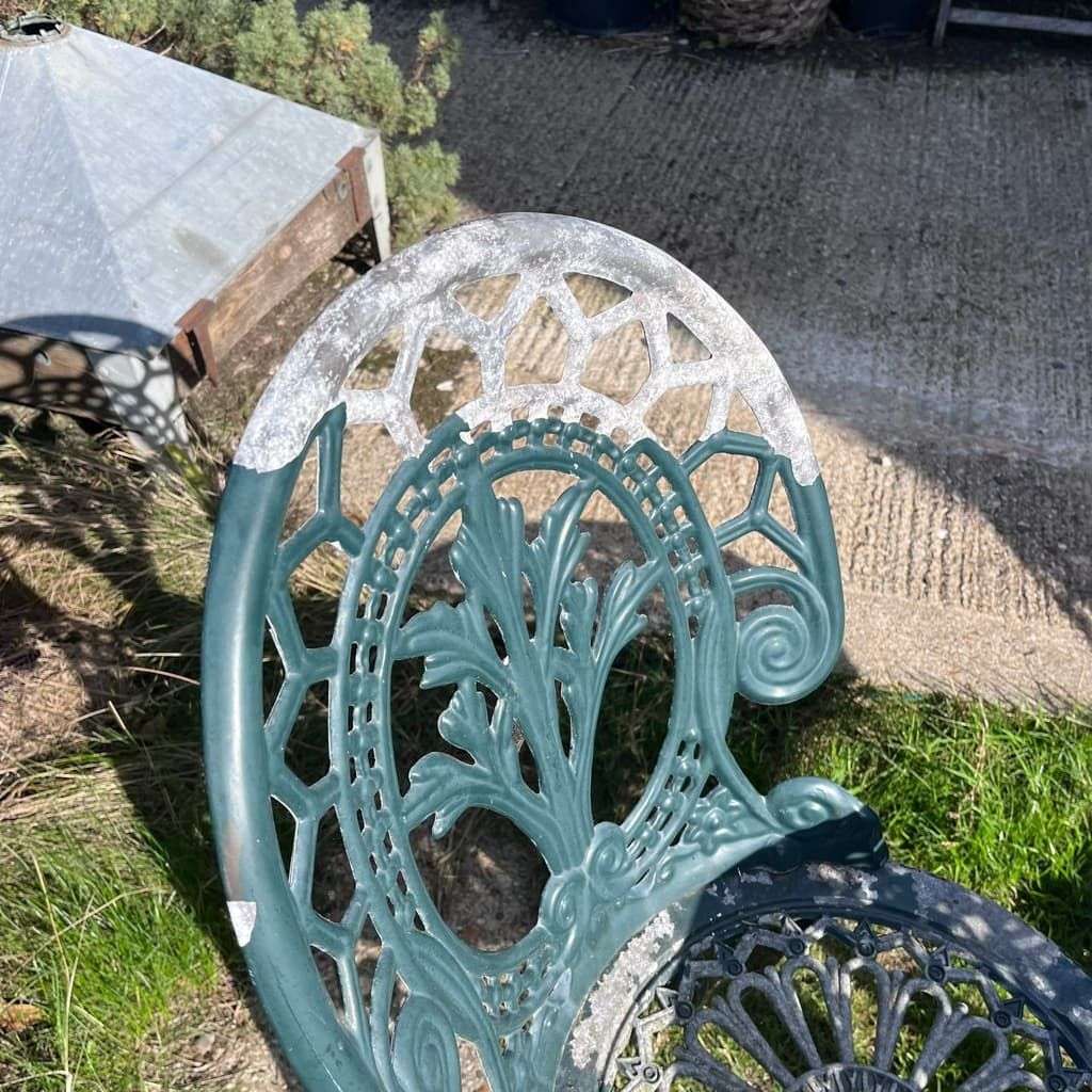Painted Garden Table &amp; 2 Chairs Great Patina Peeling Paint Solid