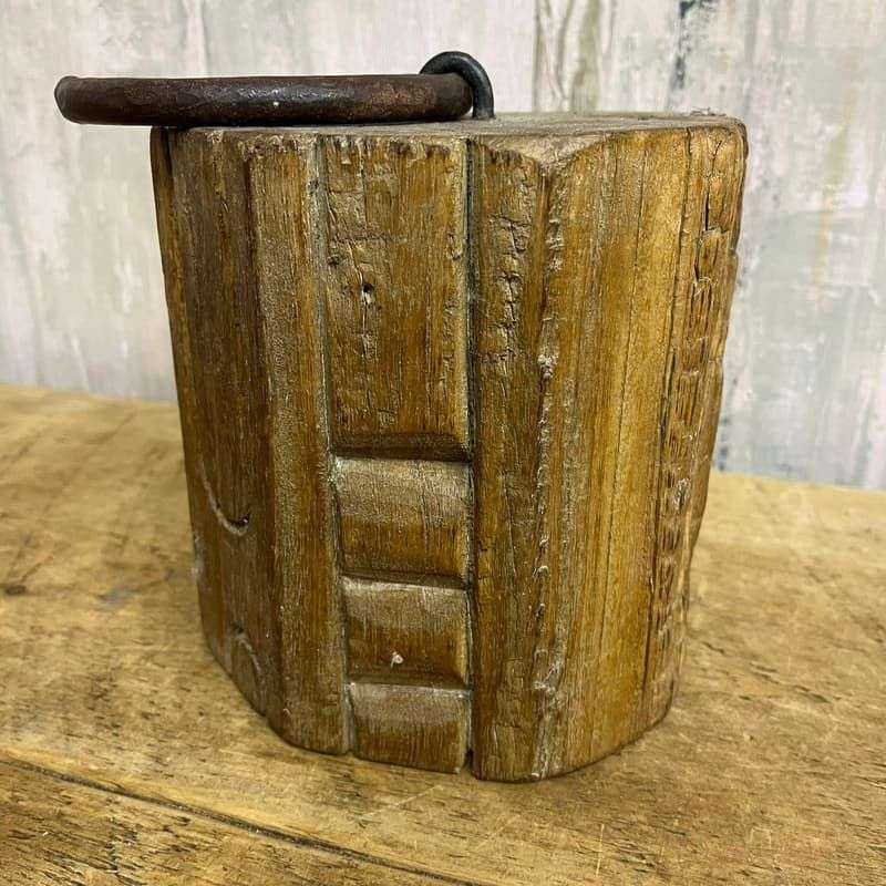 Carved Octagonal Wooden Door Stop Rusted Bull Ring Handle