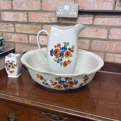 Vintage Rubian Art Pottery Jug Bowl &amp; Pot Orange Floral Design