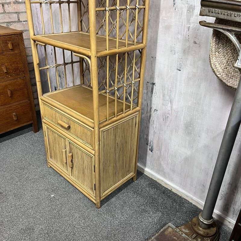Vintage Bamboo Arched Shelving Unit Drawer Double Cupboard Lattice Back