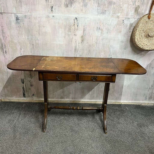 Antique Walnut Side Console Table Drop Leaf Two Drawers Desk