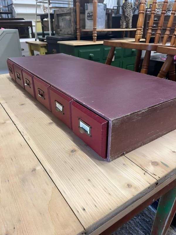 Vintage 6 Red Faux Leather Covered Filing Drawers Brass Handles Label Holders