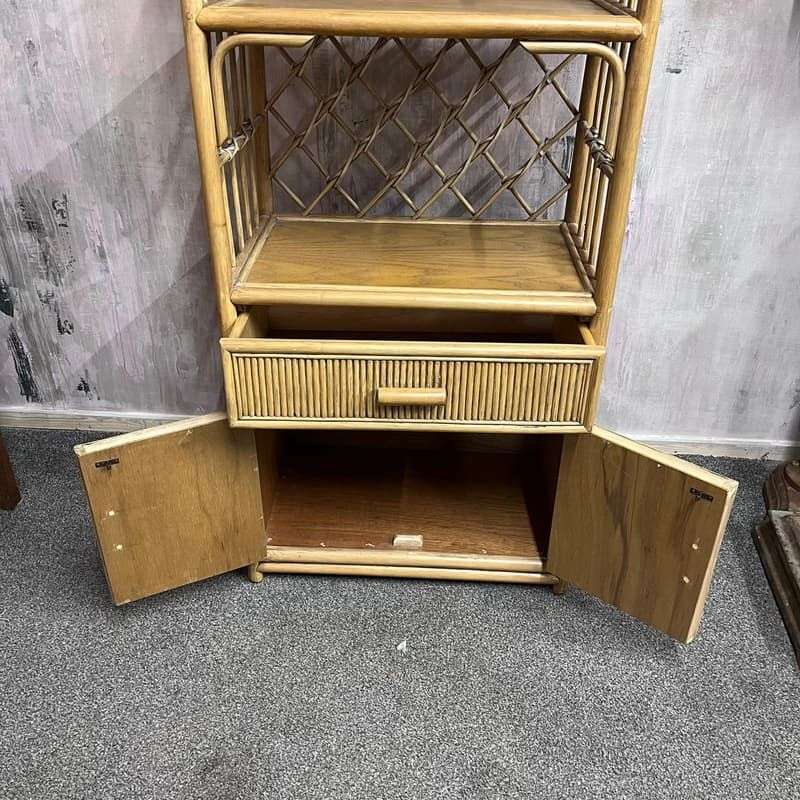 Vintage Bamboo Arched Shelving Unit Drawer Double Cupboard Lattice Back