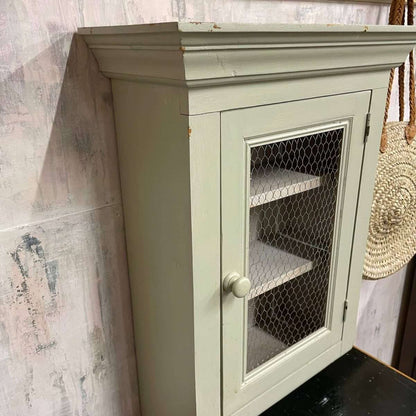 Painted Shabby Chic Kitchen Wall Cupboard 2 Shelves Chicken Wire Door