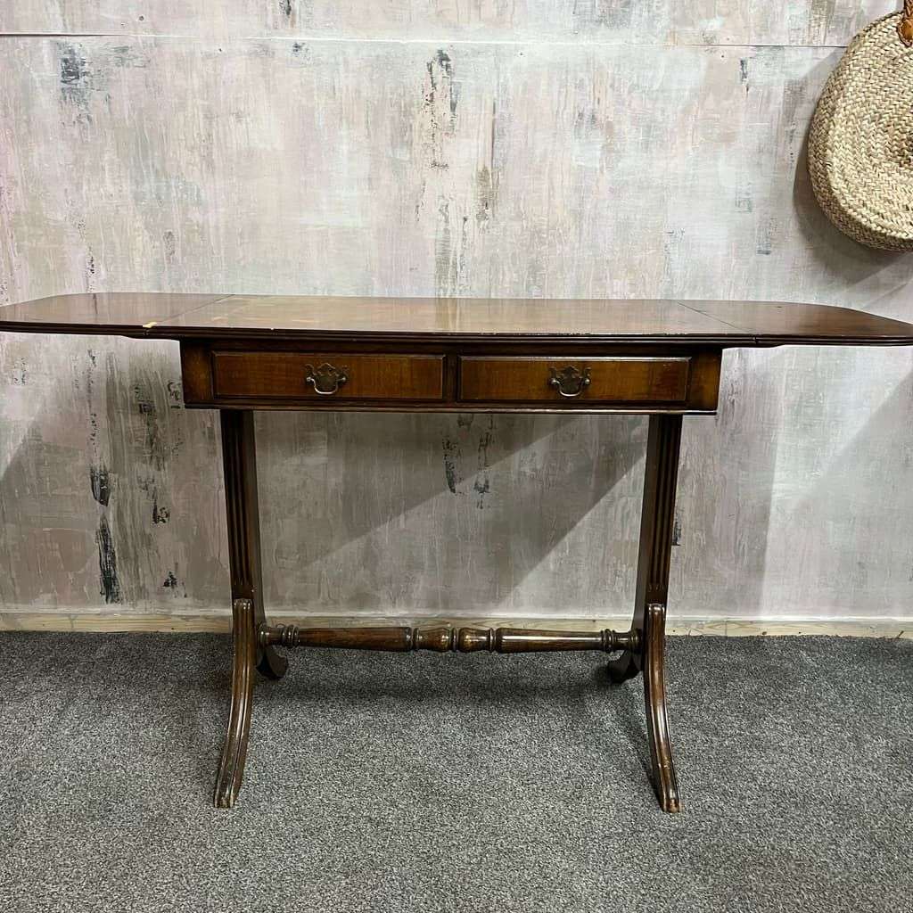 Antique Walnut Side Console Table Drop Leaf Two Drawers Desk