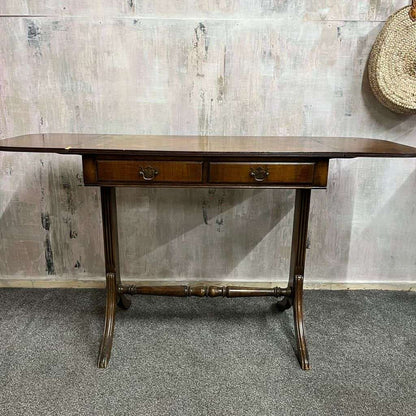 Antique Walnut Side Console Table Drop Leaf Two Drawers Desk