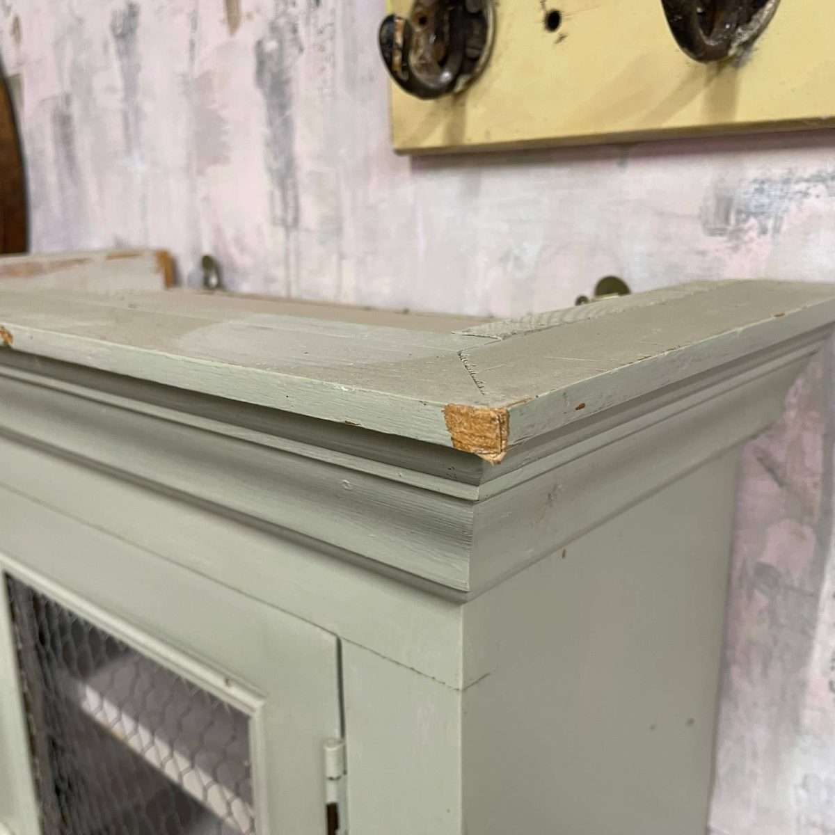 Painted Shabby Chic Kitchen Wall Cupboard 2 Shelves Chicken Wire Door