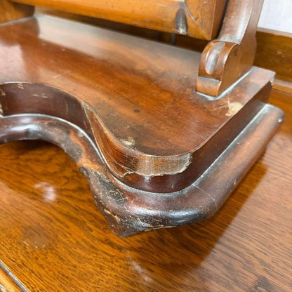 Vintage Dark Wood Swing Mirror Ornate Carving Scrolled Arms Knob Adjusters