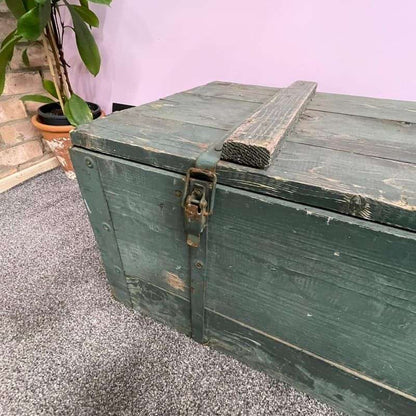 Vintage Large Wooden Trunk Toolbox Hinged Lid with Catches Coffee Side Table