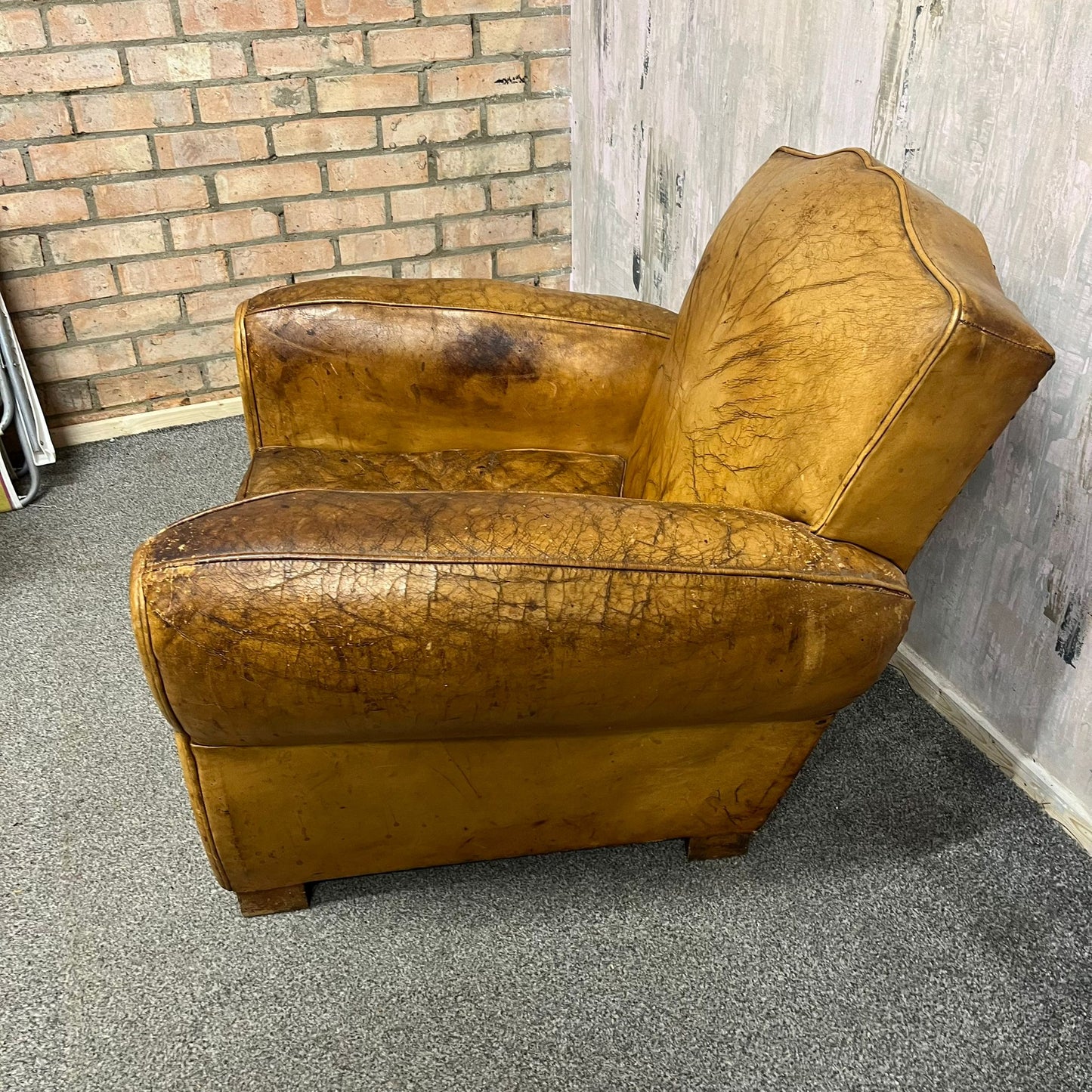 Vintage Rustic Tan Leather Low Armchair Great Patina Studded Back