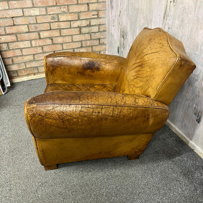 Vintage Rustic Tan Leather Low Armchair Great Patina Studded Back