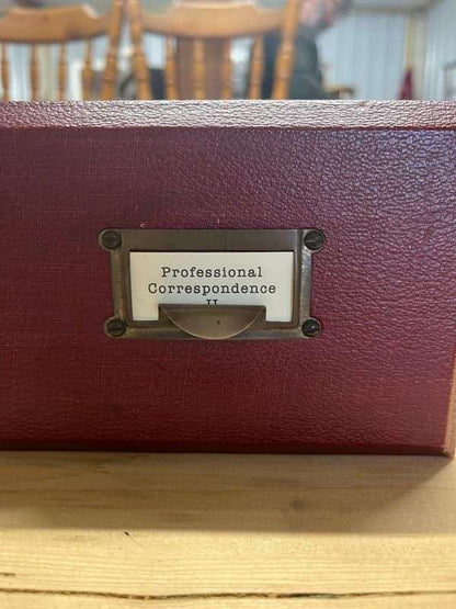 Vintage 6 Red Faux Leather Covered Filing Drawers Brass Handles Label Holders