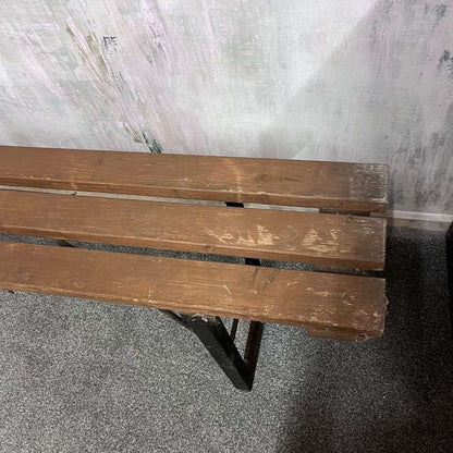 Vintage Folding Trestle Bench Stained Slatted Top Metal Legs Great Patina