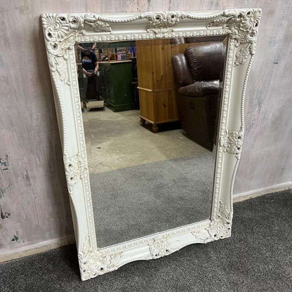 White Ornate Rectangular Framed Mirror Bevelled Edge As Found