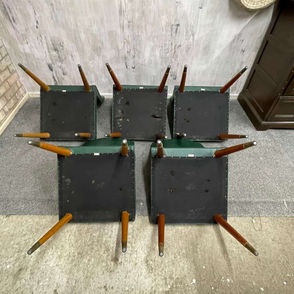 5x Vintage Retro Dining Chairs Faux Leather Tapered Teak Legs Brass Caps