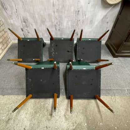 5x Vintage Retro Dining Chairs Faux Leather Tapered Teak Legs Brass Caps