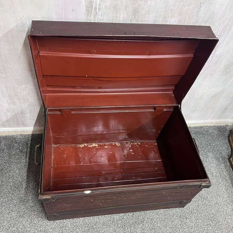 Vintage Metal Large Tin Trunk Side Handles Wood Grain Effect